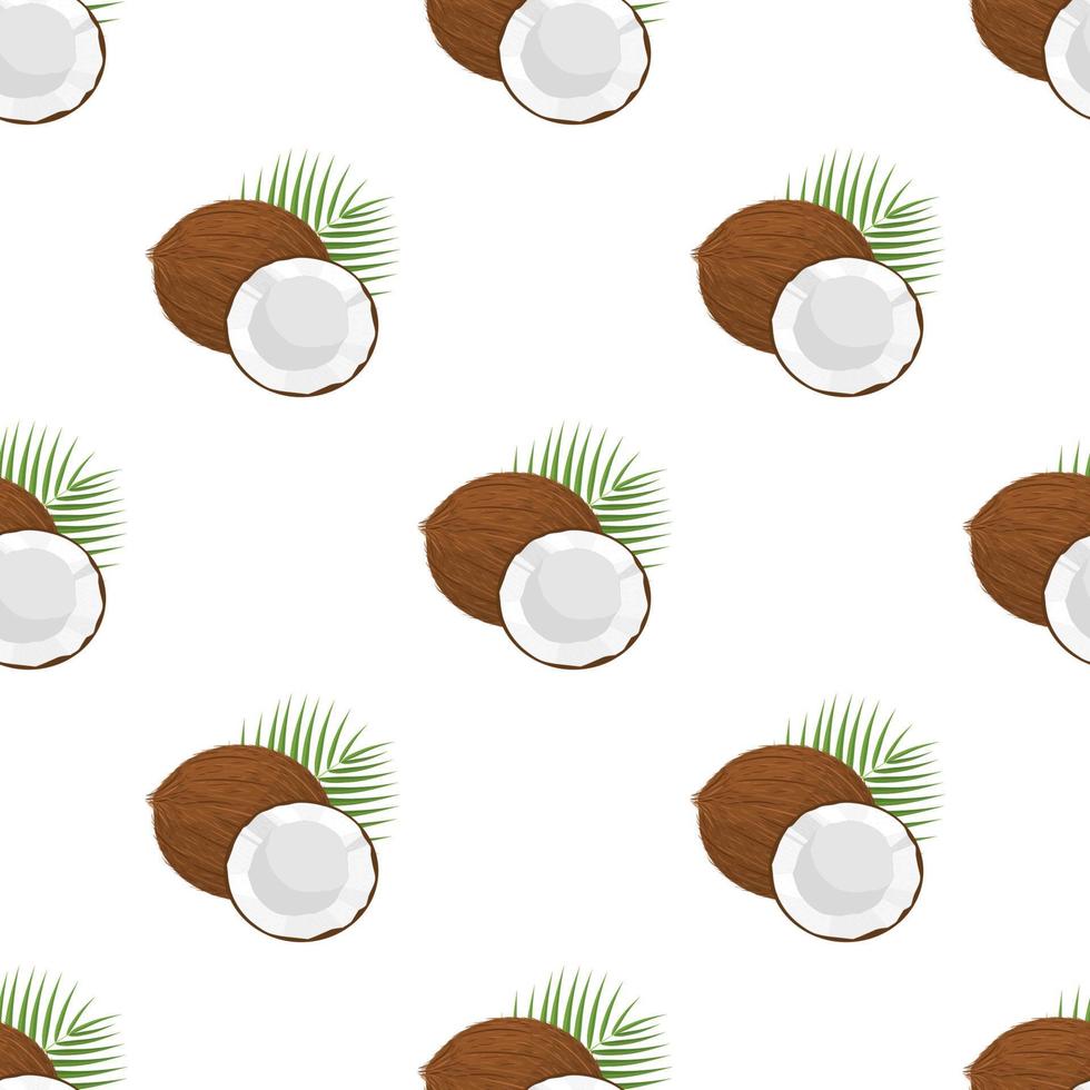 naadloze patroon met cartoon gedetailleerde bruine exotische hele kokosnoot, half en groen blad. zomerfruit voor een gezonde levensstijl. biologisch fruit. vectorillustratie voor elk ontwerp. vector