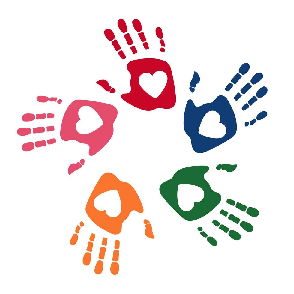 kleurrijke menselijke handpalmen. handafdruk van kinderen. logo sjabloon. symbool van team, vriendschap, verenigd, ondersteuning, familie. schone en moderne vectorillustratie voor ontwerp, web. vector