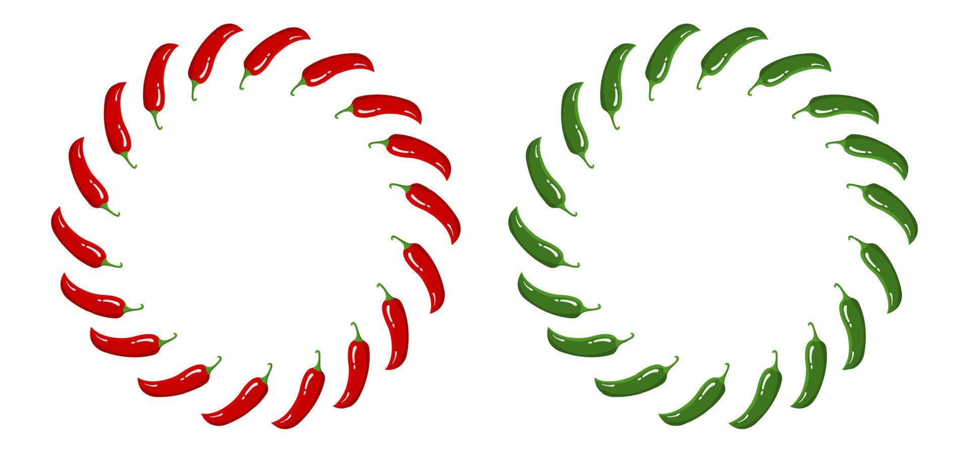 rode en groene chili peper krans. verse groenten geïsoleerd op een witte achtergrond. cirkelframe van peper voor markt, receptontwerp. cartoon vlakke stijl. vectorillustratie voor uw ontwerp, web. vector