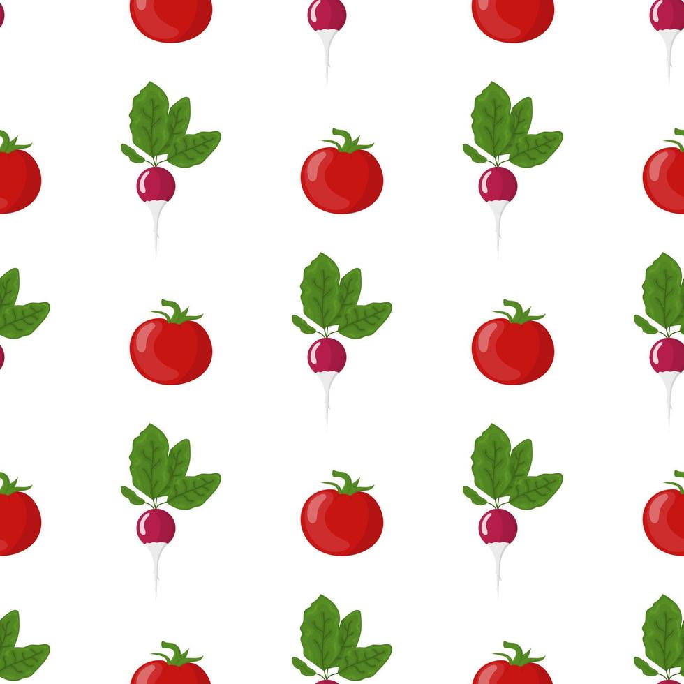 naadloos patroon met verse radijs en tomatengroenten. biologisch voedsel. cartoon-stijl. vectorillustratie voor ontwerp, web, inpakpapier, stof, behang. vector