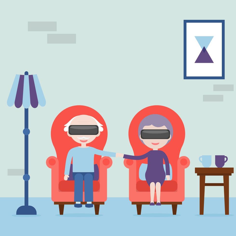 ouderen voelen zich jong in virtual reality. oma en opa met virtual reality-headset thuis in de fauteuil. virtual reality-concept. vectorillustratie. vector