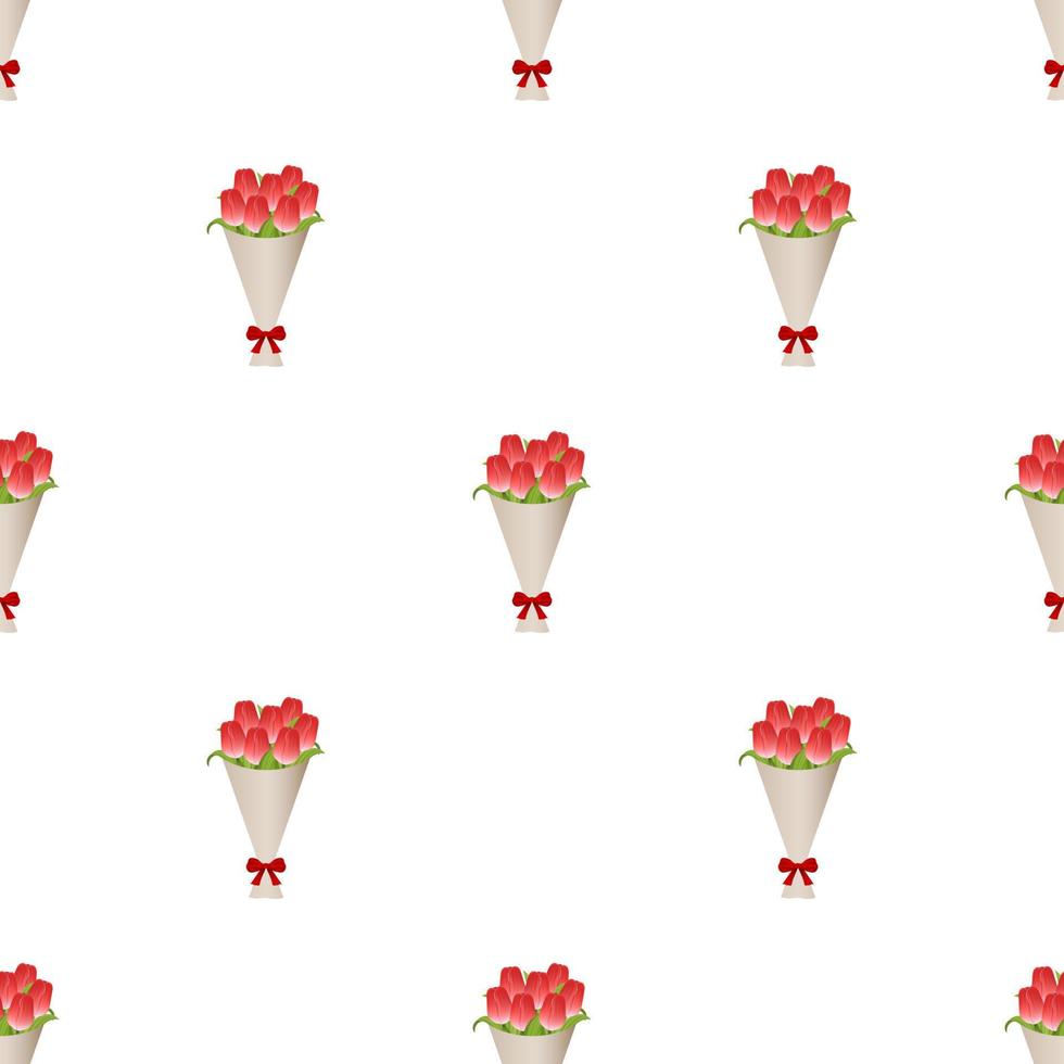 naadloze patroon met boeket van rode tulpen in papier met rode strik. cadeau boeket bloemen. vectorillustratie voor ontwerp, web, inpakpapier, stof, behang. vector