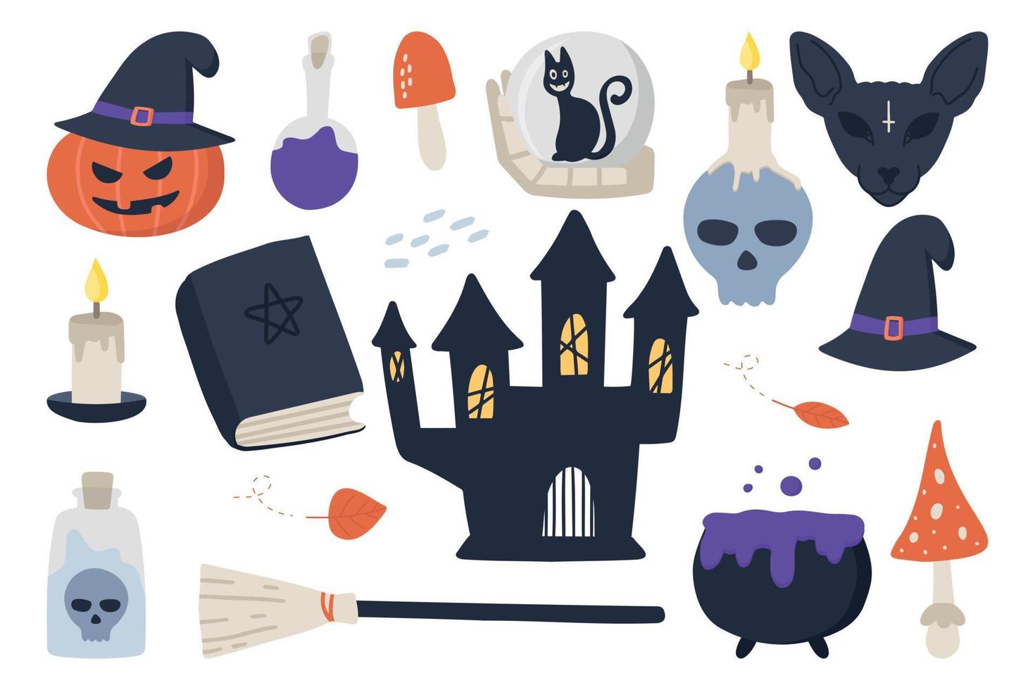 halloween illustraties pompoen, spoken, spookkasteel, drankje, pot, slinger, snoep, heksenhoed, happy halloween inscriptie. vector, set, witte achtergrond, geïsoleerd. vector