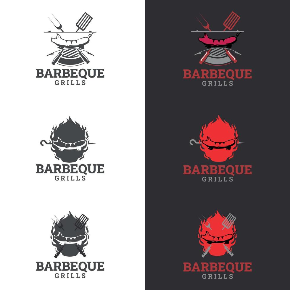 barbecue grill-logo. logo van barbecue, grill en bar met vuur, grillvork en spatel. barbecue-logo sjabloon. vector