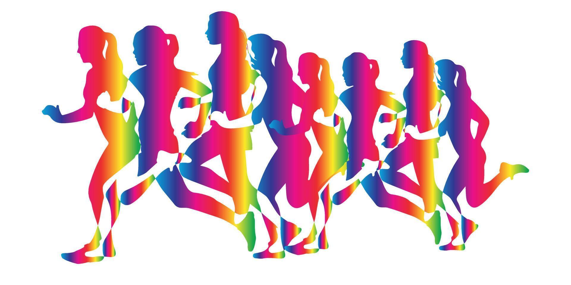 kleurrijke, rennende vrouwelijke silhouet, geïsoleerd op een witte achtergrond, vrouw silhouetten vector
