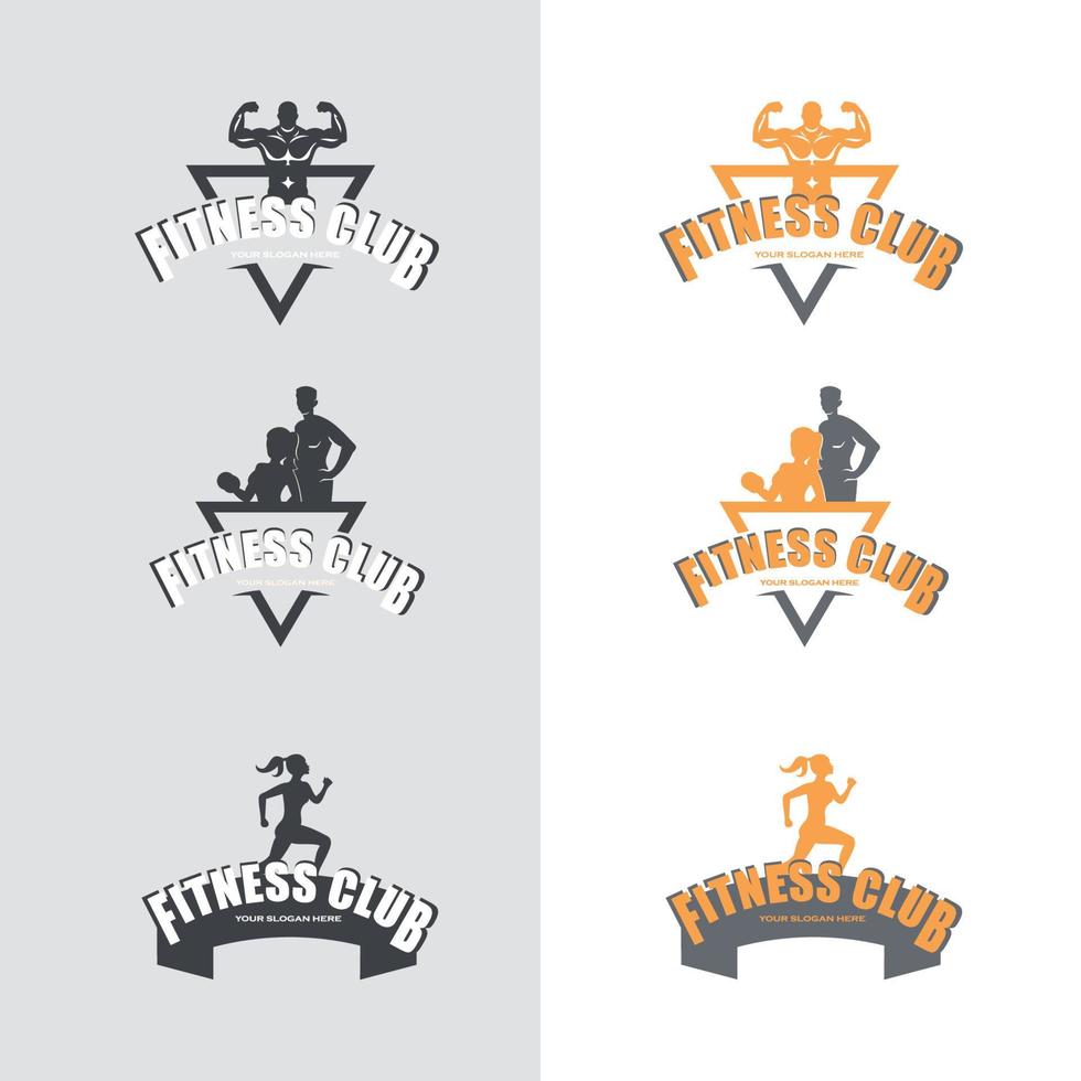 set fitnessbadges. fitnessruimte logo ontwerpsjabloon. labels in vintage stijl met sportsilhouetsymbolen vector