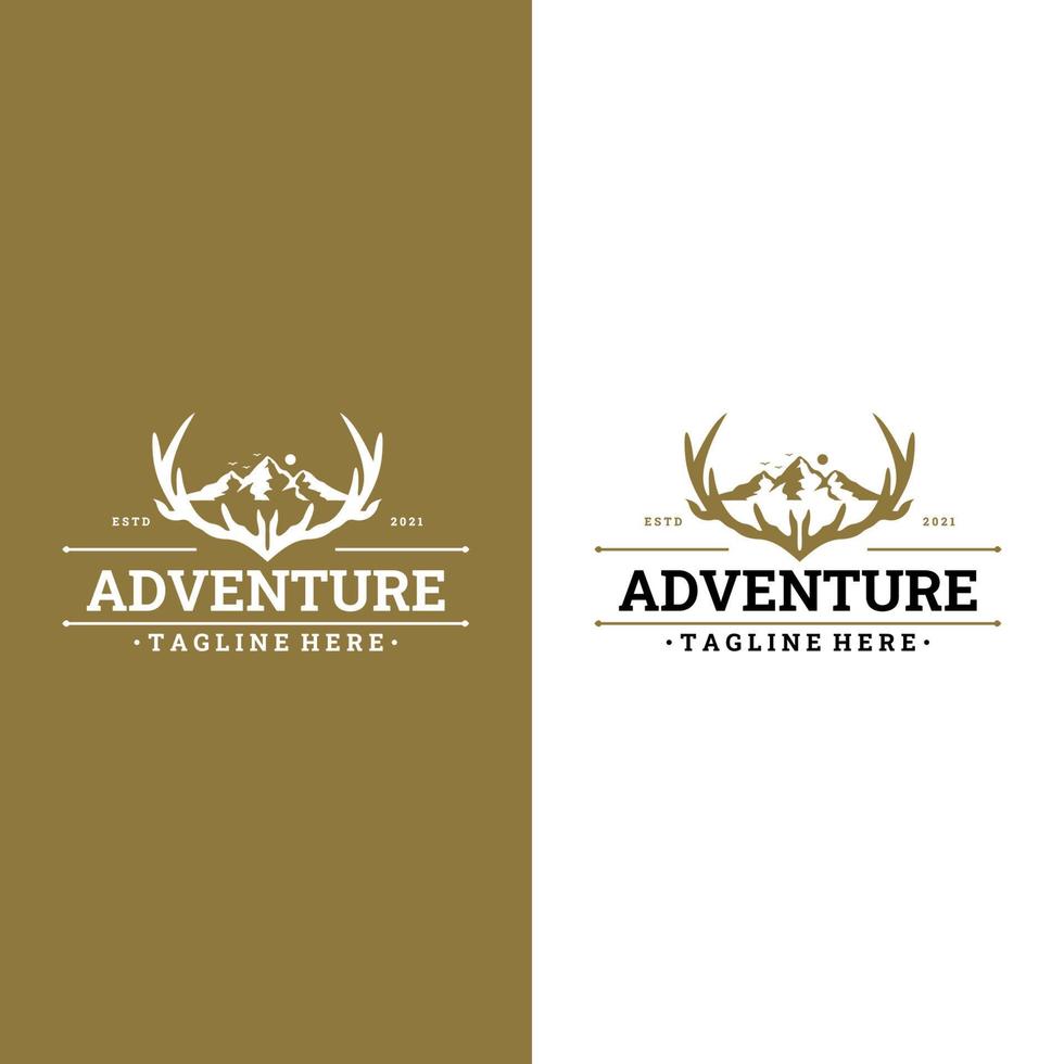 hertenberglogo met berg op hertengewei. Adventure Community-logo, bedrijfslogo voor outdoorkleding, badge, stickerontwerp vector