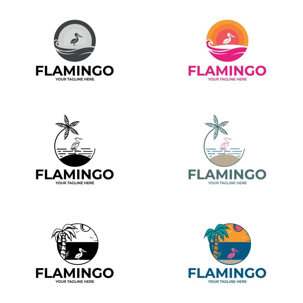 flamingo-logo sjabloon. flamingo embleem met zon en golven vector