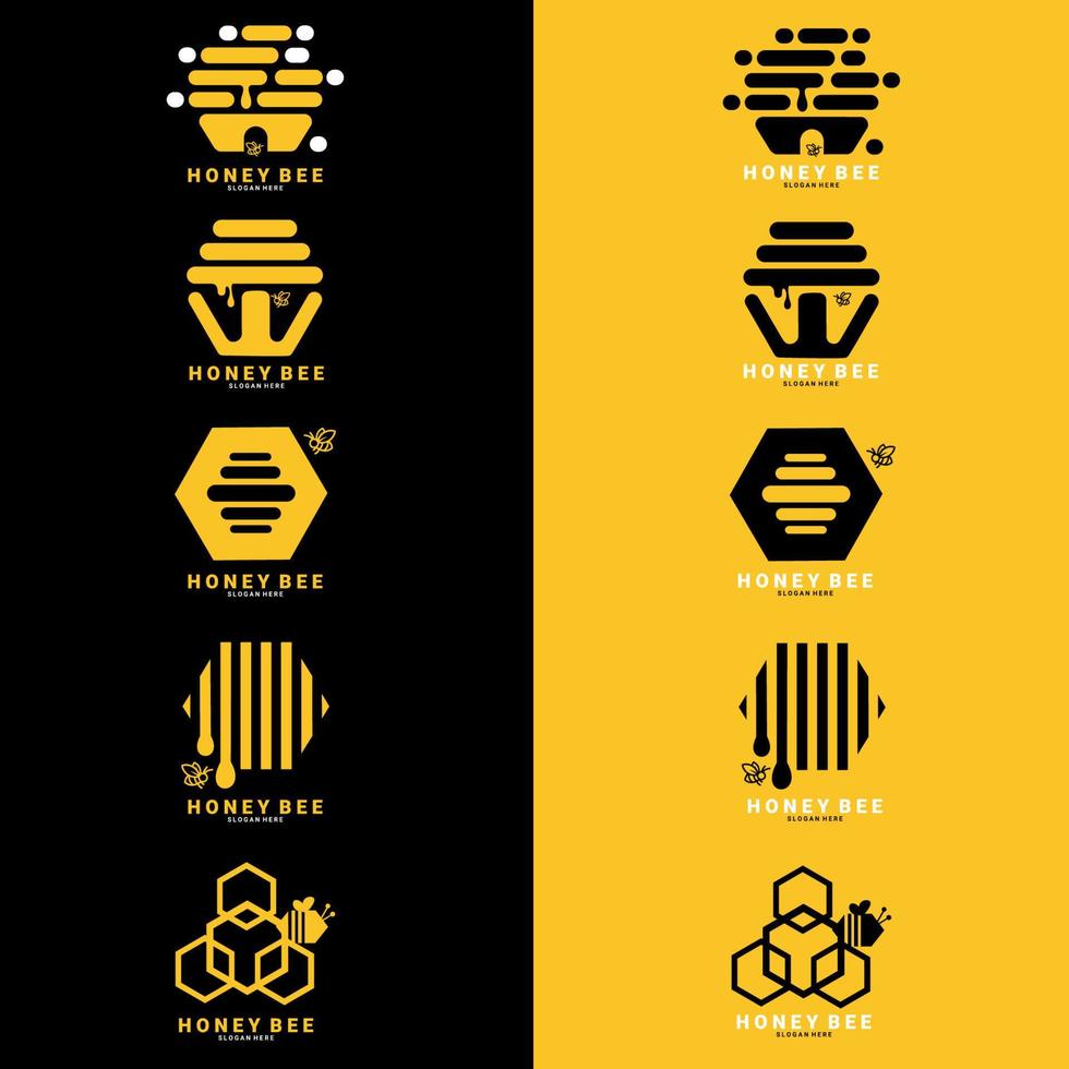 set van retro vintage honing en bij, honingraat. bijen logo sjabloon. modern ontwerp. plat embleem. vector illustratie