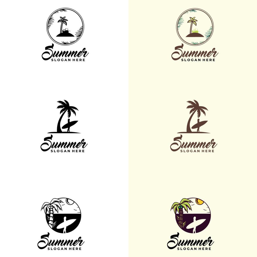 strand logo. meisje gaat naar de zee. palm of kokosnoot logo set. zonsondergang in het concept van het eilandembleem. vector
