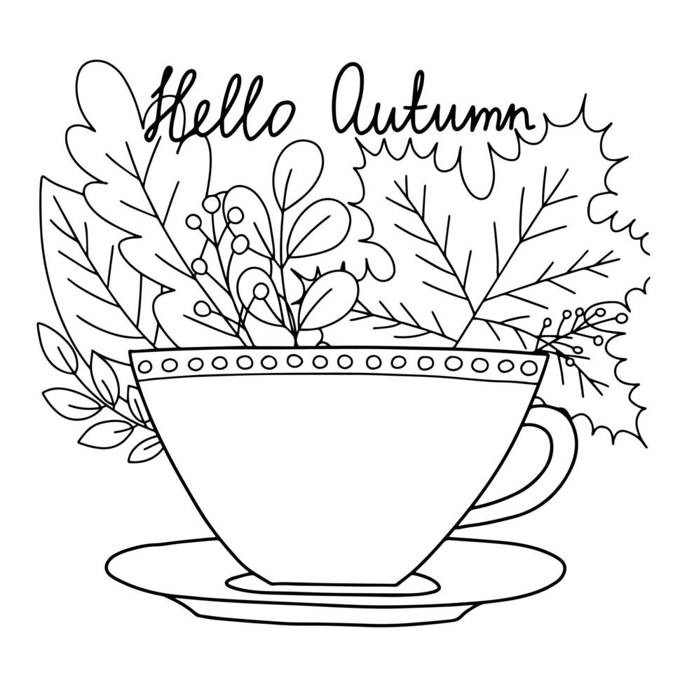 hallo herfst vector kleurplaat met kopje koffie en herfstbladeren. leuke kleurplaat voor kinderen en volwassenen met kopje koffie