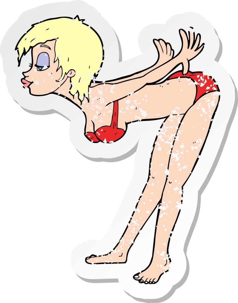 Retro noodlijdende sticker van een cartoon pin-up girl in bikini vector