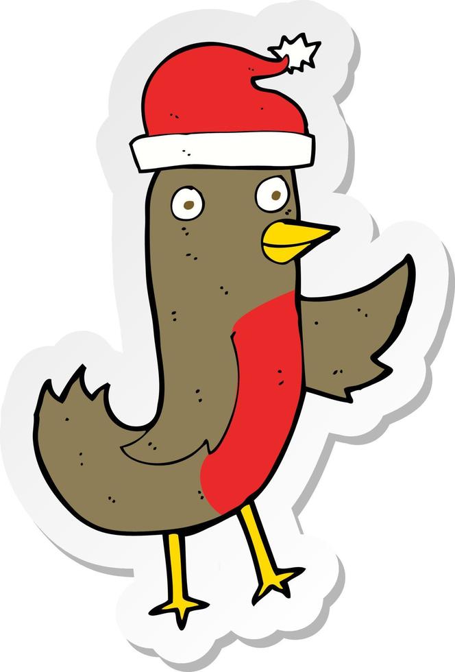 sticker van een cartoon kerstroodborstje met hoed vector