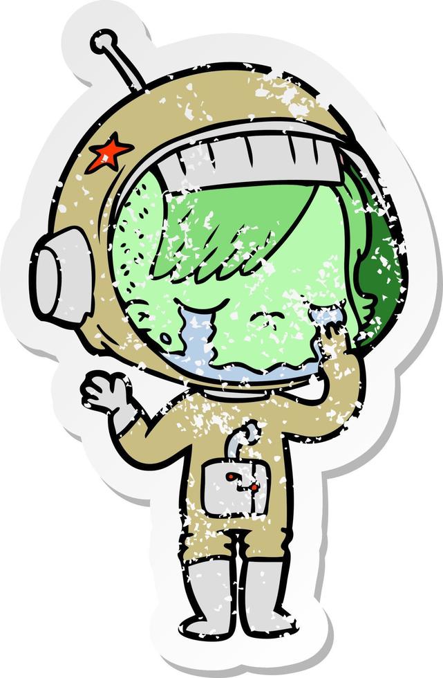 verontruste sticker van een cartoon huilend astronautenmeisje vector