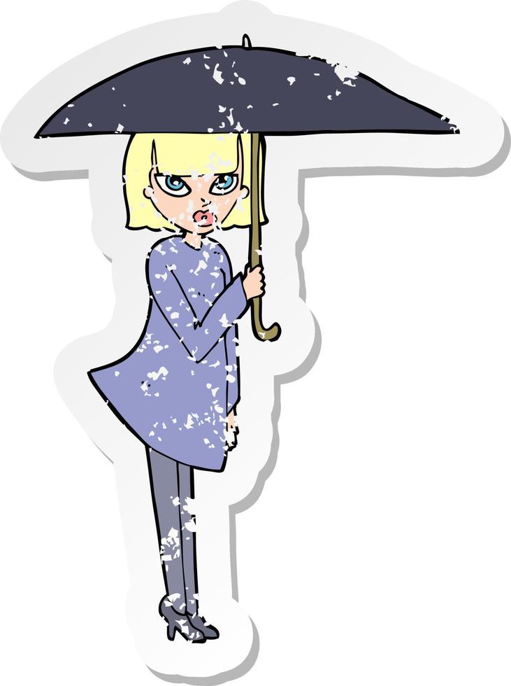 retro noodlijdende sticker van een cartoonvrouw met paraplu vector