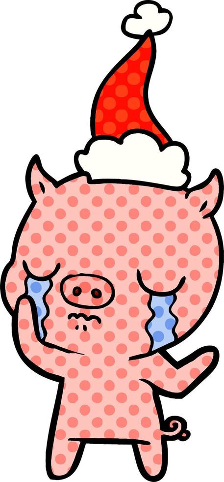 stripboekstijlillustratie van een huilend varken met een kerstmuts vector