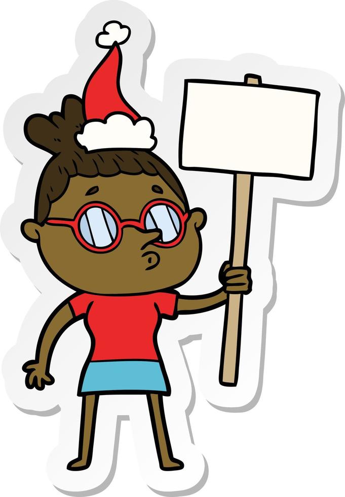 sticker cartoon van een vrouw die een bril draagt met een kerstmuts vector