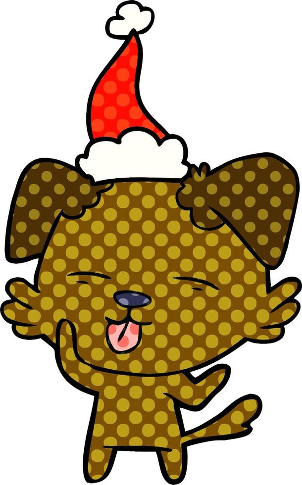 stripboekachtige illustratie van een hond die zijn tong uitsteekt en een kerstmuts draagt vector