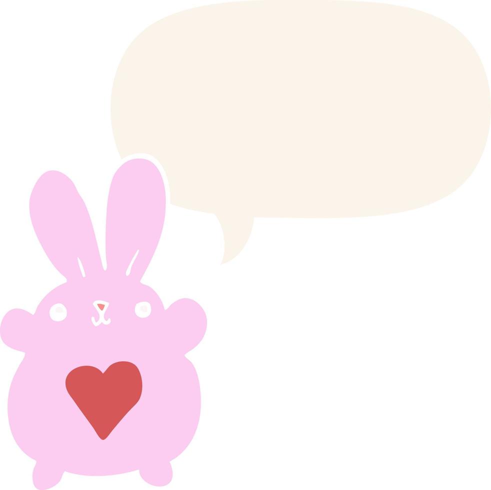 schattige cartoon konijn en liefde hart en tekstballon in retro stijl vector