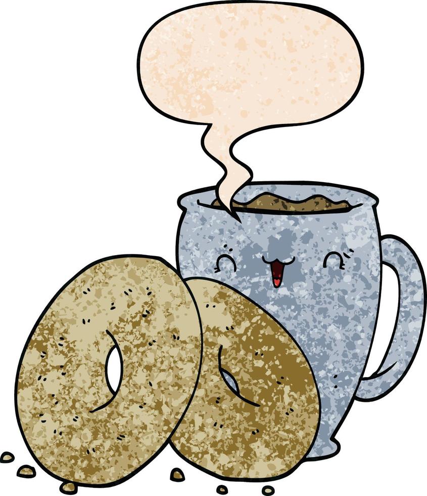 cartoon koffie en donuts en tekstballon in retro textuurstijl vector