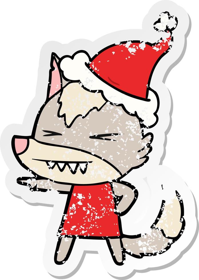 boze wolf verontruste sticker cartoon van een dragende kerstmuts vector