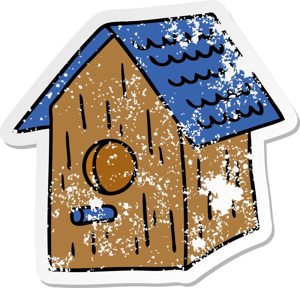 verontruste sticker cartoon doodle van een houten vogelhuisje vector