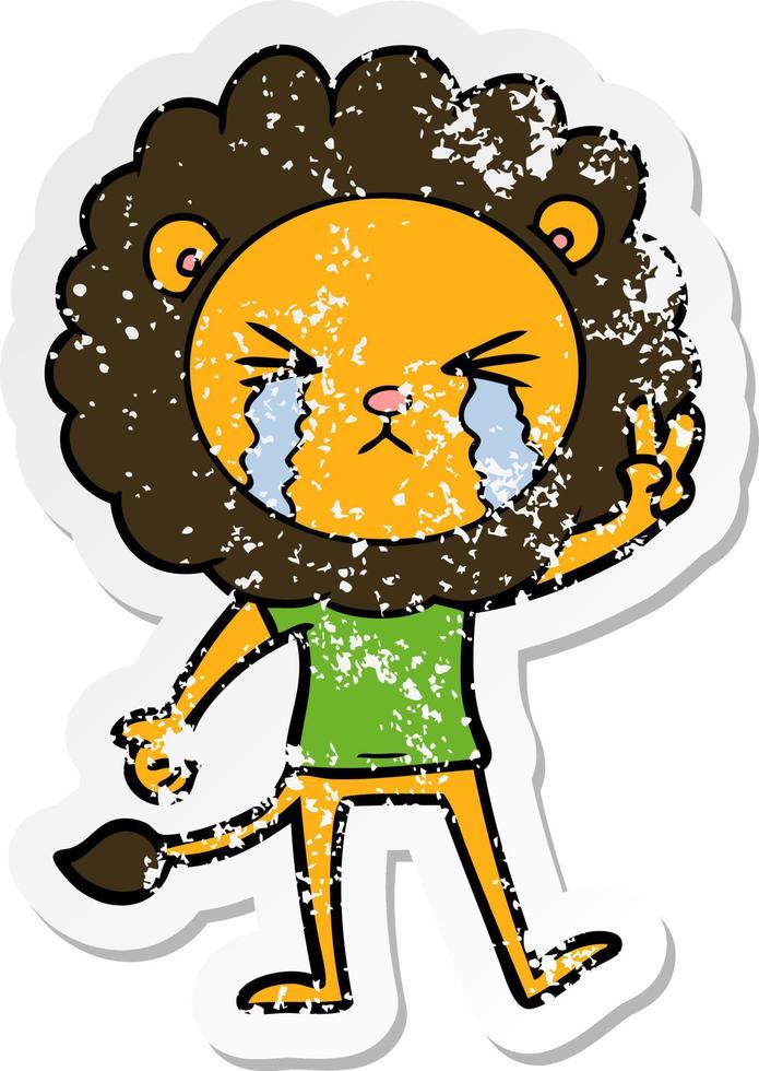 verontruste sticker van een cartoon huilende leeuw die vredesteken geeft vector