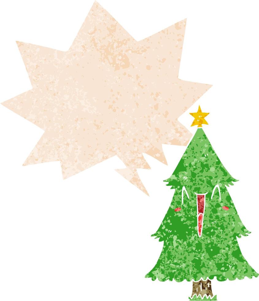 cartoon kerstboom en tekstballon in retro getextureerde stijl vector