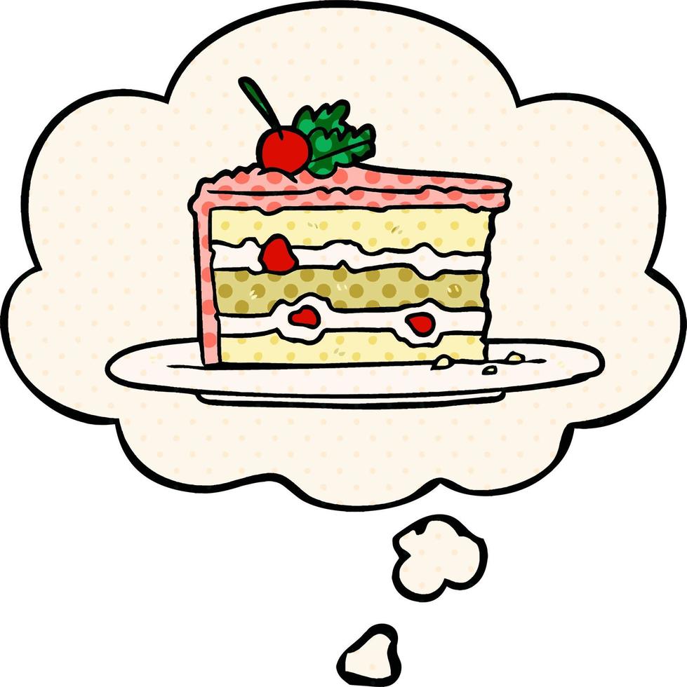 cartoon dessertcake en gedachte bel in stripboekstijl vector