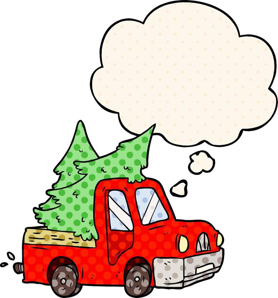 cartoon pick-up truck met bomen en gedachte bel in stripboekstijl vector