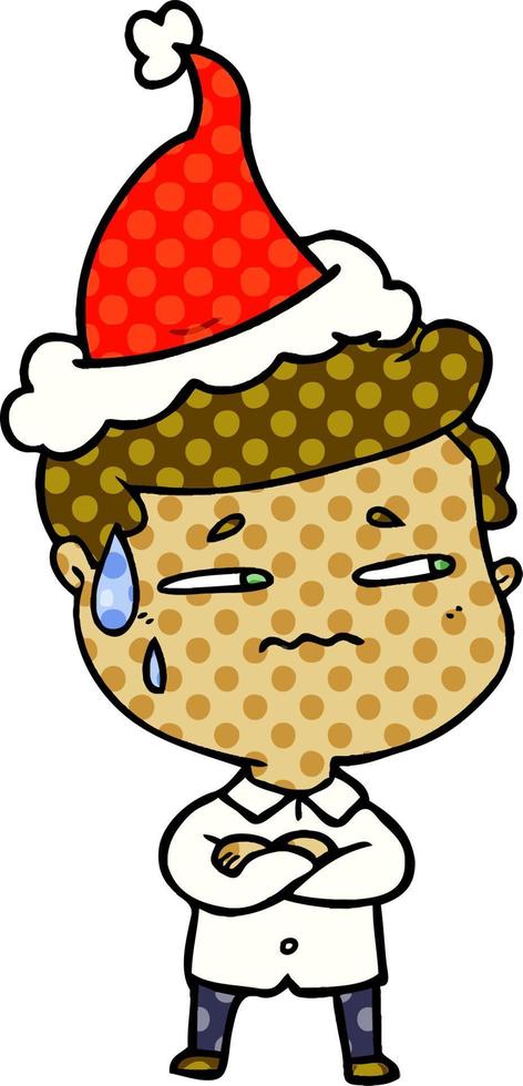 stripboekstijlillustratie van een angstige man met een kerstmuts vector