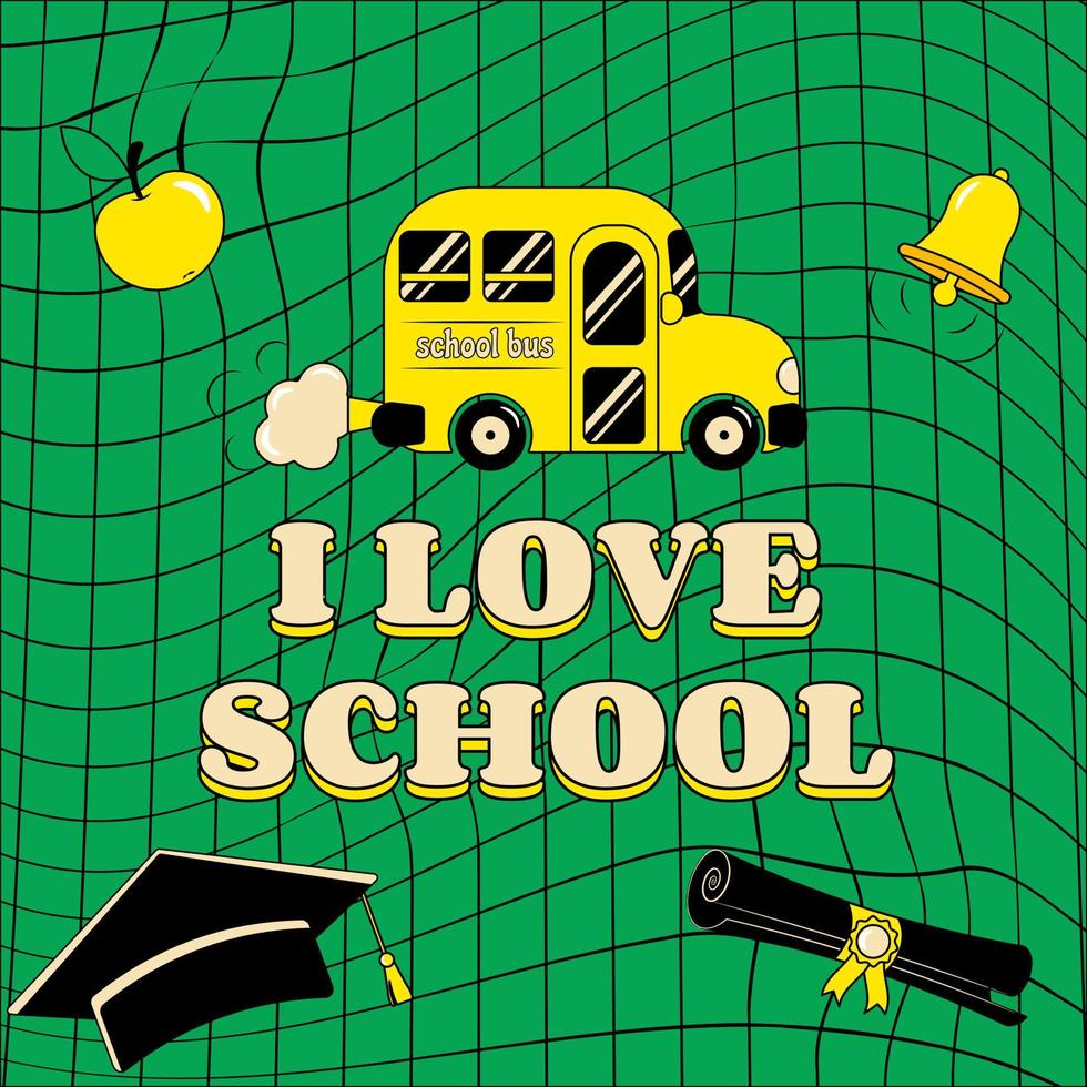 groene welkom terug naar school banner in retro groove-stijl ik hou van school vector
