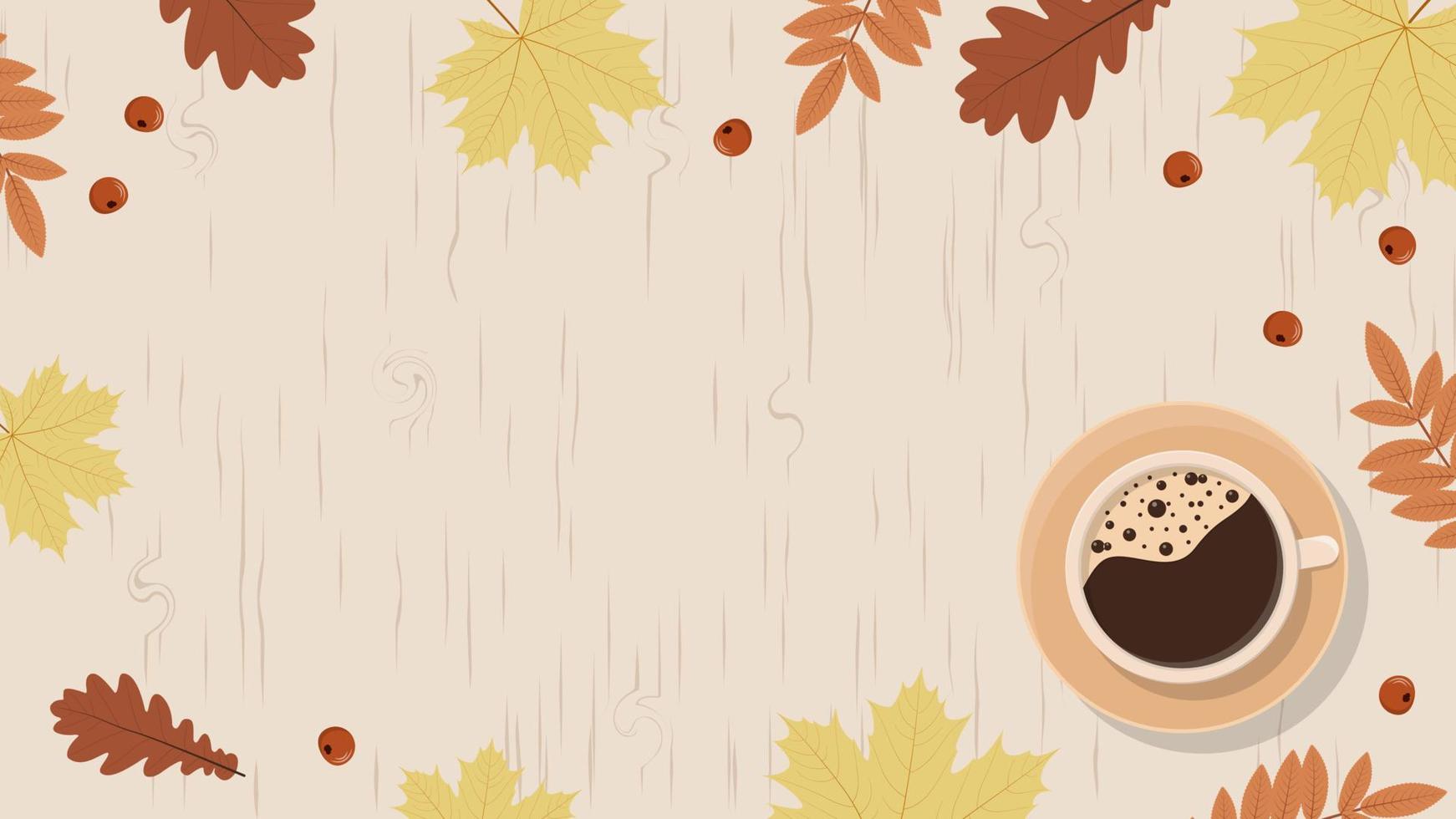 herfstachtergrond met koffiemok, bladeren en houten oppervlak vector