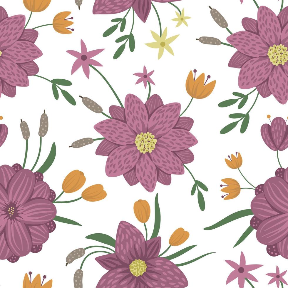 vector bloemen naadloze achtergrond. platte trendy illustratie met bloemen, bladeren, takken, riet, waterlelies. herhalend patroon met moeras, bos, bosplanten.