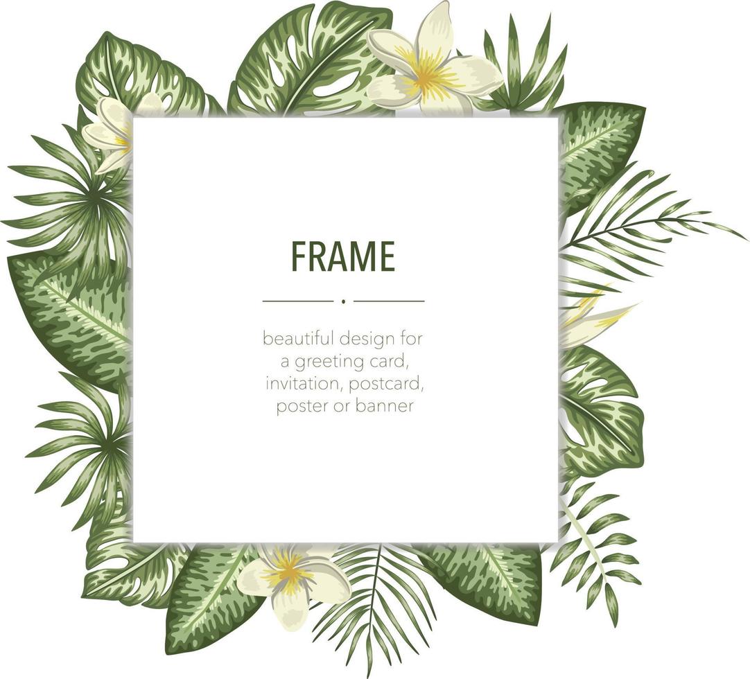 vector frame sjabloon met tropische bladeren en bloemen met witte plek voor tekst. vierkante lay-outkaart met plaats voor tekst. lente of zomer ontwerp voor uitnodiging, bruiloft, feest, promo-evenementen.