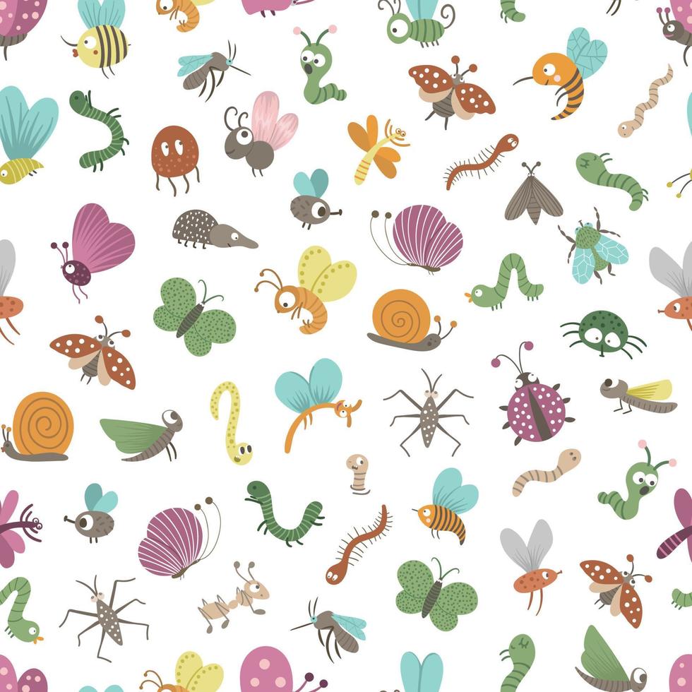 vector naadloze patroon met hand getrokken plat grappige insecten. leuke herhaal achtergrond met bugs. zoet griezelig-crawly ornament voor kinderen ontwerp, print.