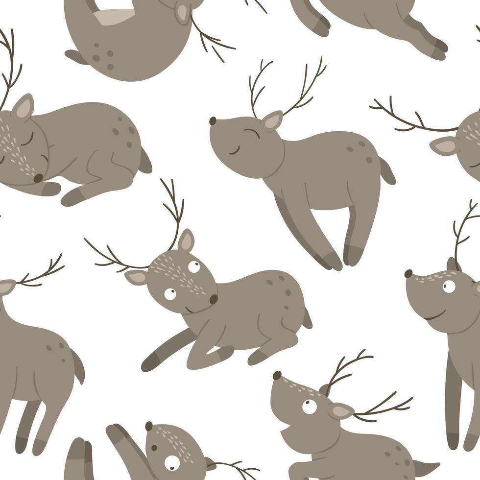 vector naadloze patroon van hand getekende platte grappige herten in verschillende poses. leuke herhalingsachtergrond met bosdieren. schattig dierlijk ornament
