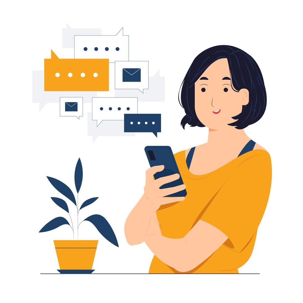 meisje sms't op telefoon, berichten verzenden, online chatten met een vriend, kijken naar smartphone, typen, online gesprek en communicatie concept illustratie vector