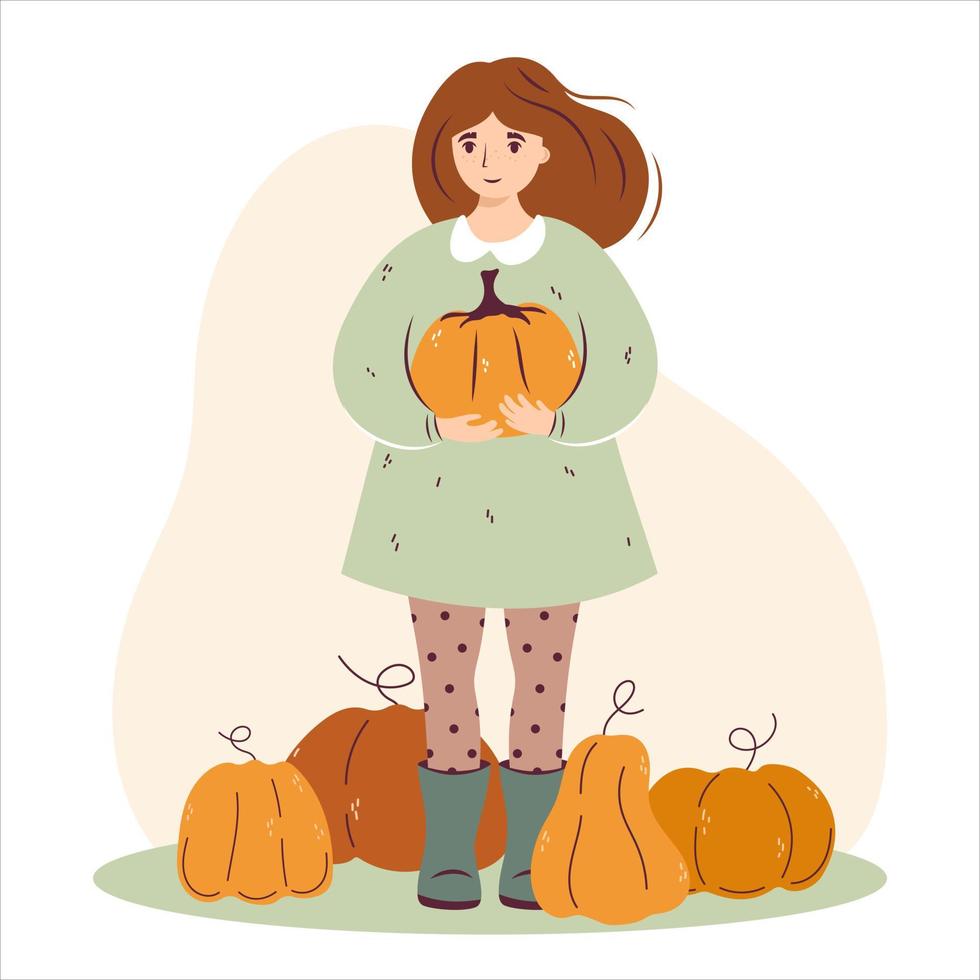 herfst schattige dame met pompoen. vrouw met pompoen. gezellige herfst vectorillustratie voor happy thanksgiving of halloween. oogst boerderij karakter meisje met landbouw groenten. geïsoleerd vector