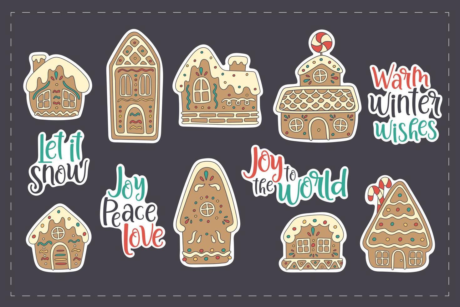 schattig vectorstickerspakket van doodles peperkoekhuizen. traditionele kerstsnoepjes met suikerdecoratie en lolly. illustratie in cartoon-stijl. vector