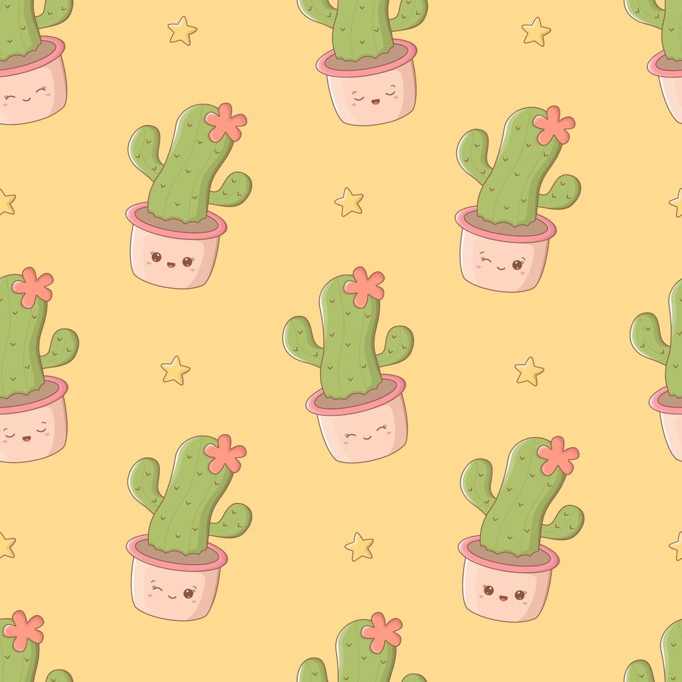 kawaii naadloos patroon met cactussen met grappige gezichten. schattige print voor telefoonhoesje, achtergronden, mode, inpakpapier en textiel. vector illustratie
