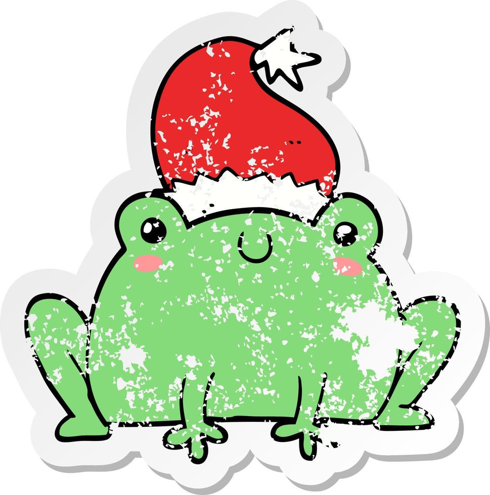 verontruste sticker van een schattige cartoon kerstkikker vector