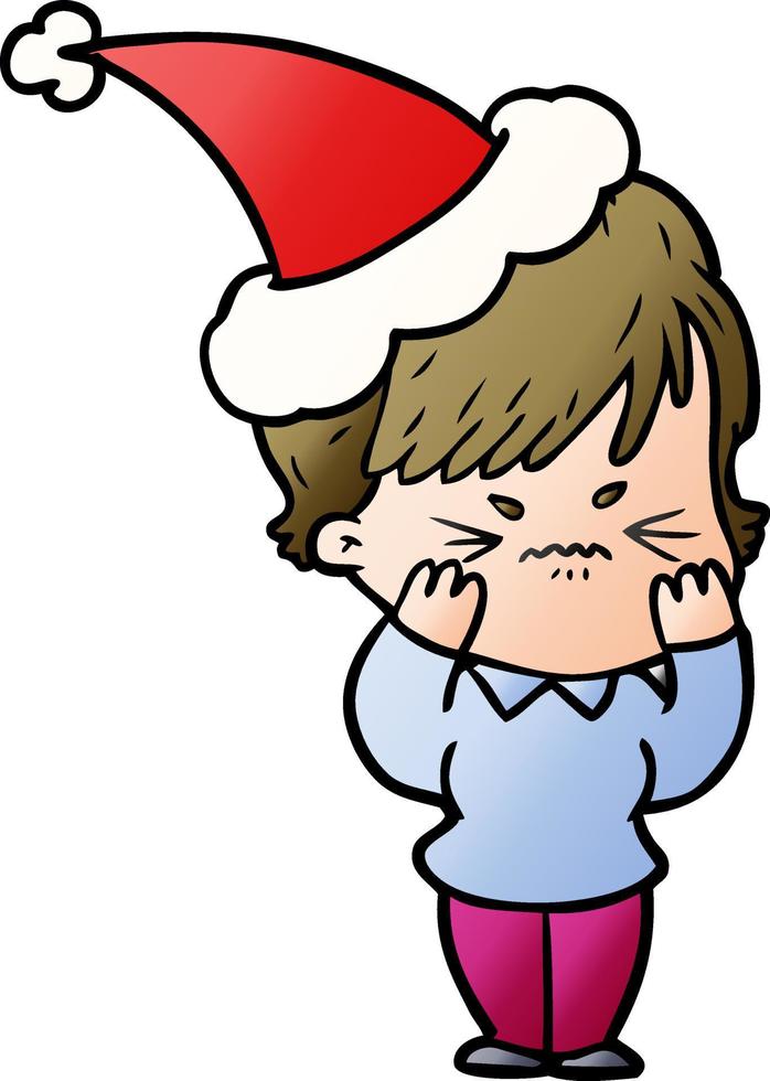 gradiëntcartoon van een gefrustreerde vrouw die een kerstmuts draagt vector