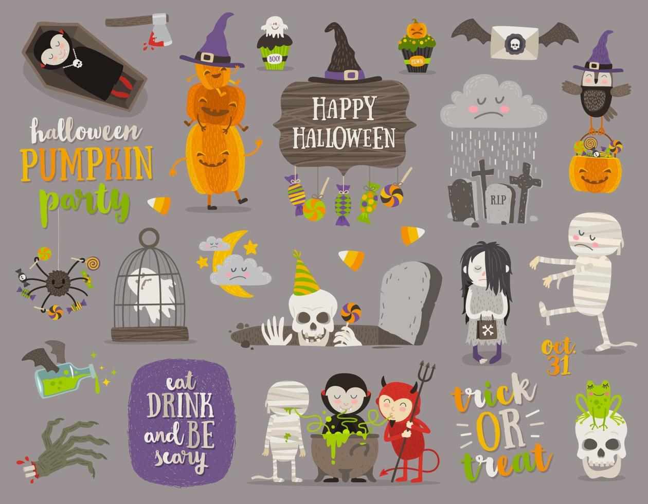 set van halloween teken, symbool, objecten, items en stripfiguren. vectorillustratie. vector