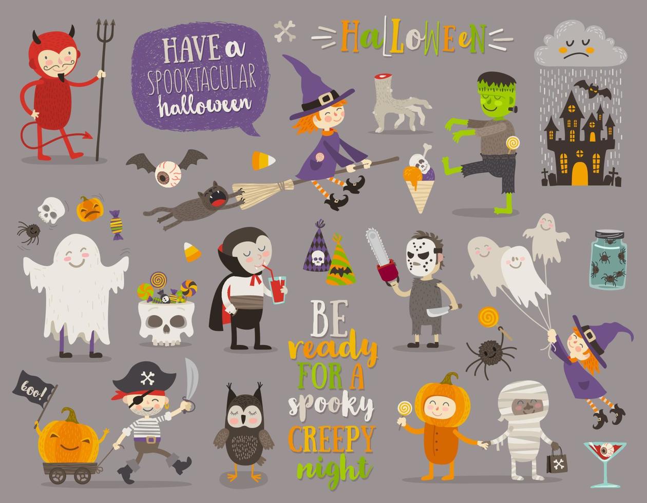 set van halloween teken, symbool, objecten, items en stripfiguren. vectorillustratie. vector