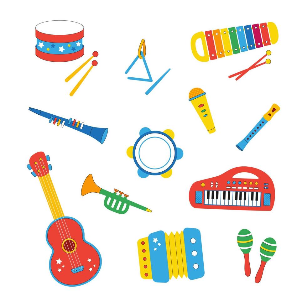 set van muziekinstrumenten voor kinderen met de hand getekend in cartoon-stijl op een witte achtergrond vector