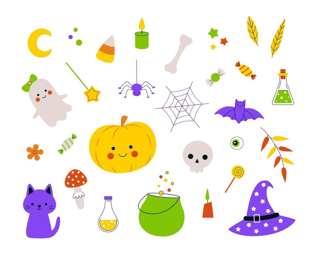 vectorset van schattige stripfiguren en halloween-items vector