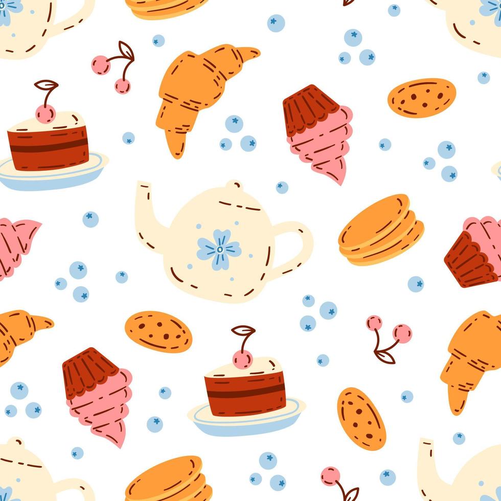 grappige voedselprint met theekopjes, cakes en croissants vector