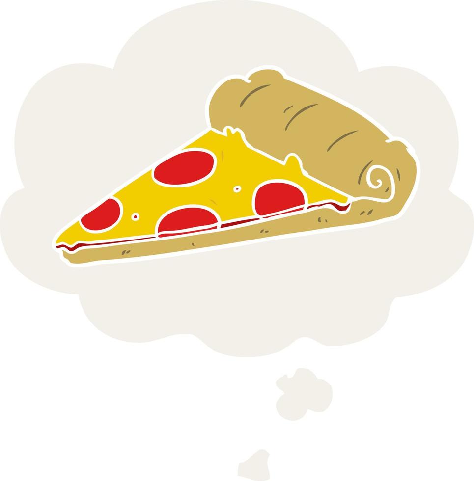 cartoon pizza slice en gedachte bel in retro stijl vector