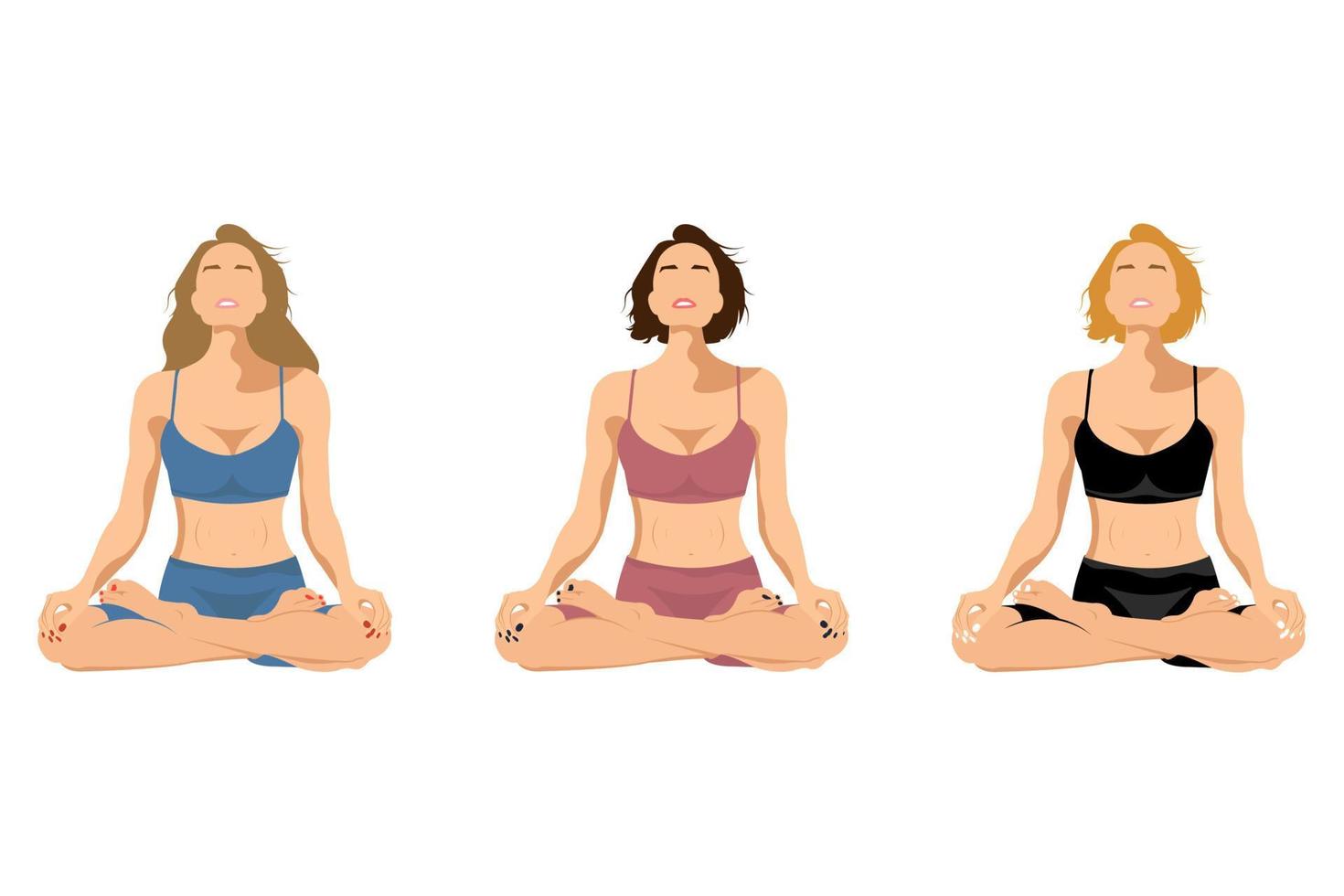 meisjes in mooie zwemkleding zitten in een lotushouding in een gezichtsloze stijl voor yoga en meditatie op een witte achtergrond vector